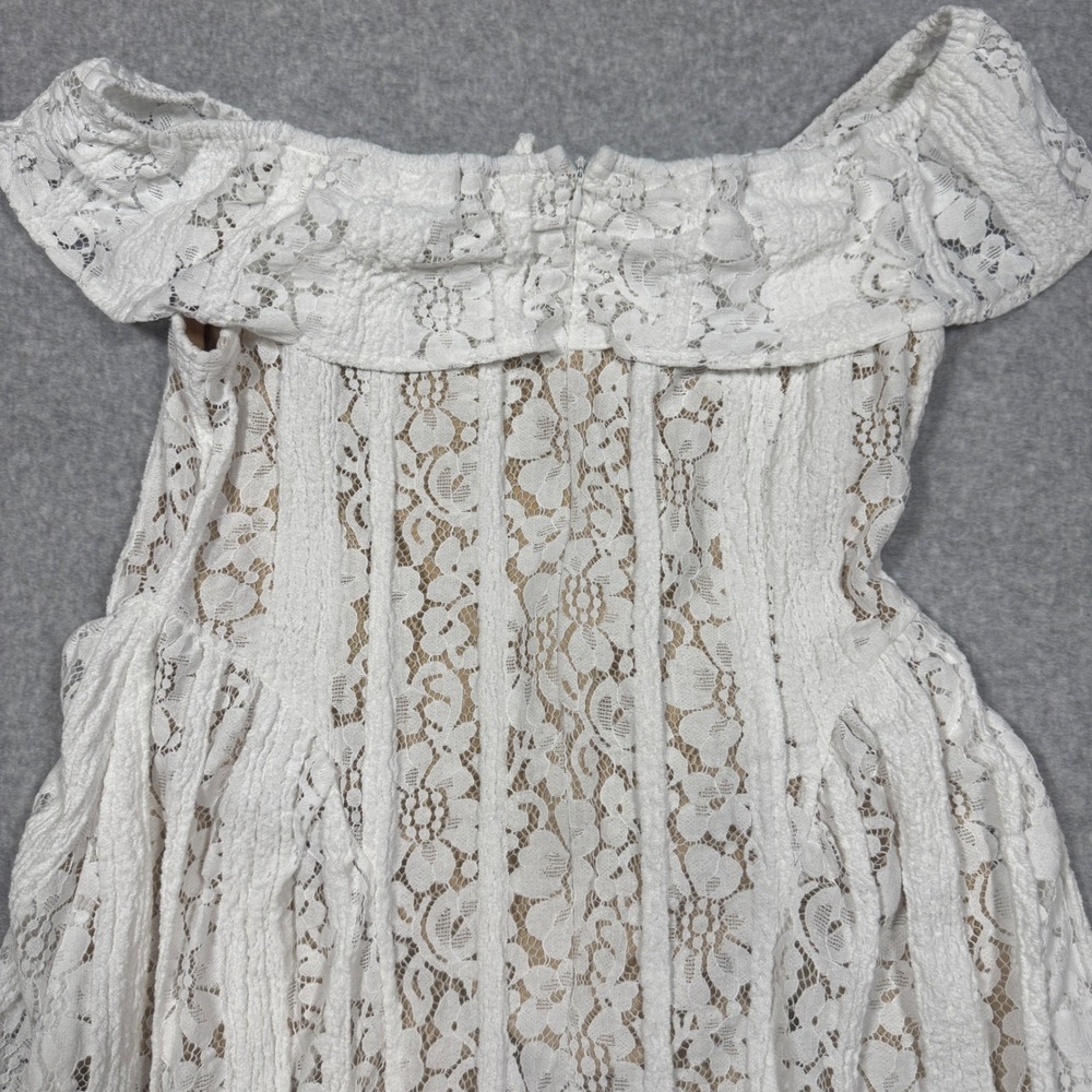 NEW Cider White Floral Lace Off The Shoulder Midi Dress Ruffle Tie Front L Boho - Picture 14 of 15